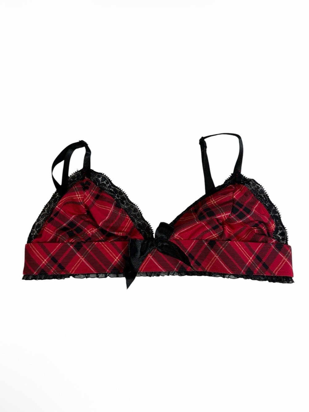Hustler red & black plaid v neck bow lace trim bralette size M/L